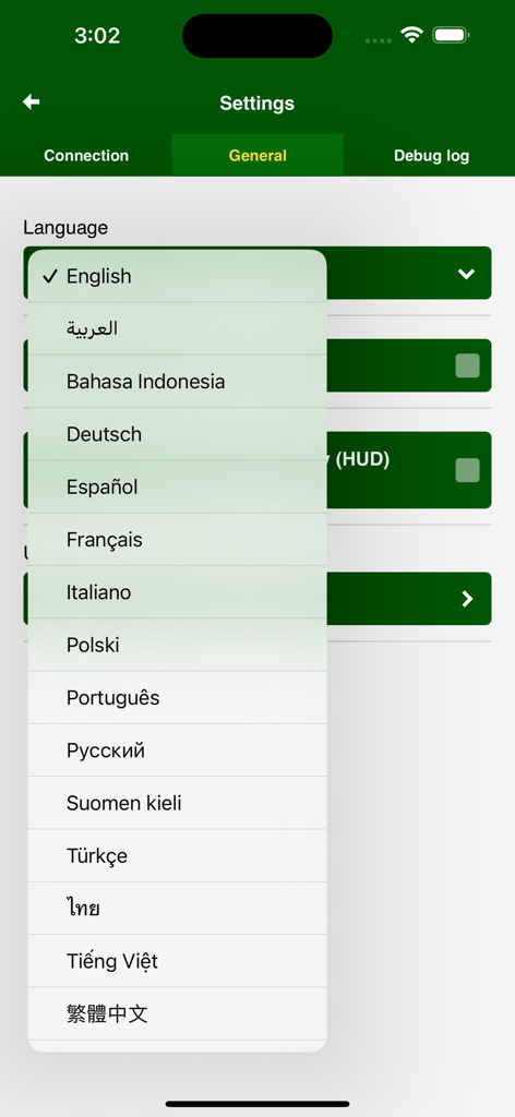 MotorData OBD ELM car scanner - Language selection dropdown menu in the MotorData OBD car scanner app settings screen