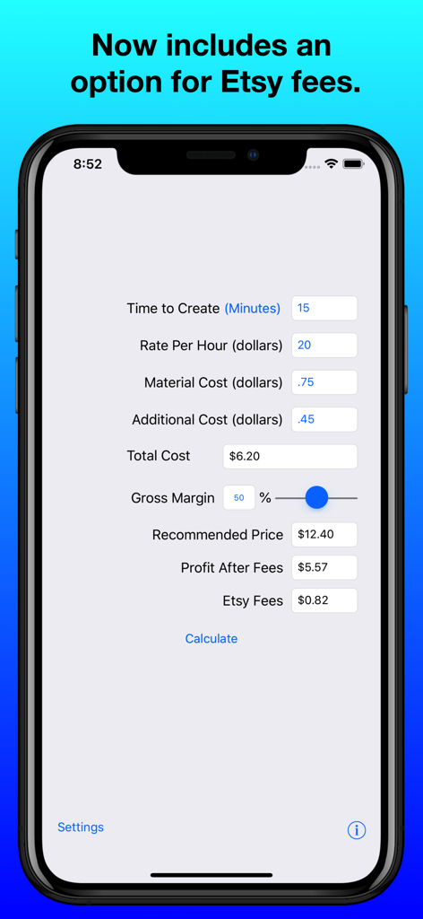 Craft Pricing Helper - Interface of the Craft Pricing Helper app showing a calculation for handmade items including labor costs and Etsy fees