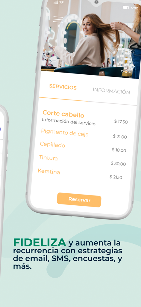 Bewe para negocios - Pantalla de smartphone que muestra una lista de servicios de salón con precios y un botón de reservar ahora