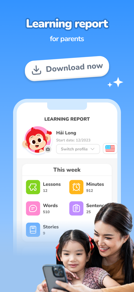 A learning report for parents tracking child progress in the Monkey Junior English app