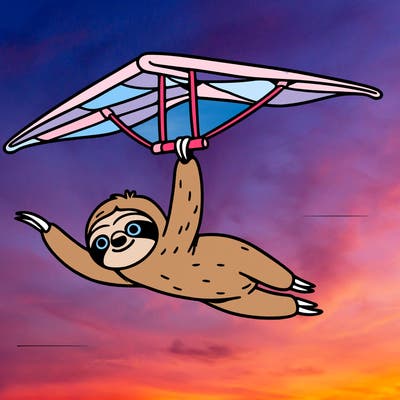 a sloth hang gliding slowly through a clear blue sky