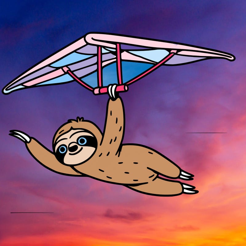 a sloth hang gliding slowly through a clear blue sky