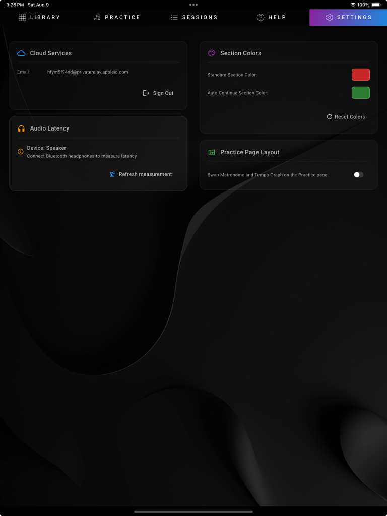 GPhil - GPhil app settings page showing options for cloud services audio latency and section color customization