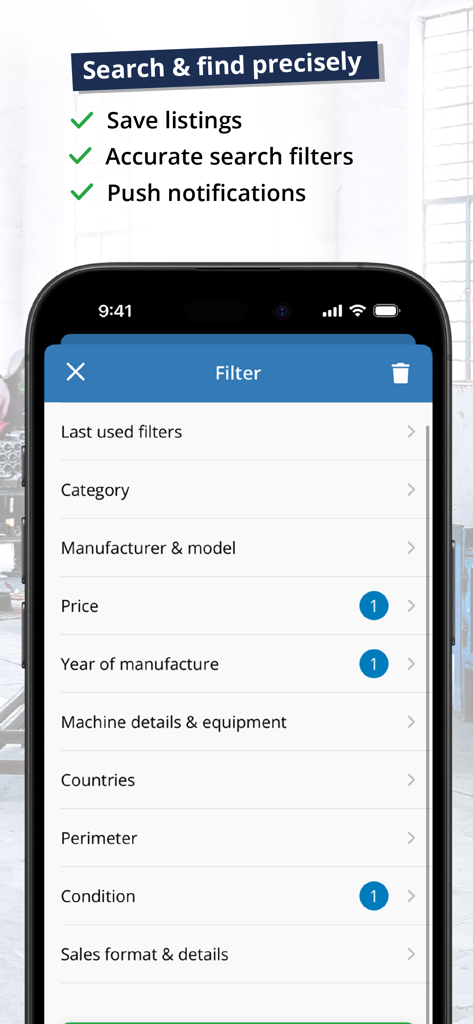 Machineseeker - Machineseeker app search filter interface displaying options for category price and year of manufacture