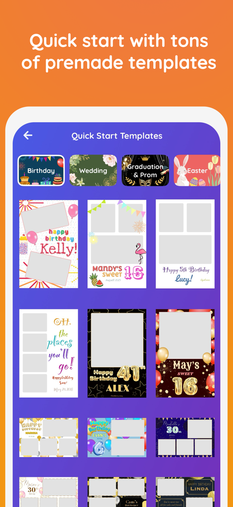 A variety of premade event templates in the Mini Photobooth app for birthdays weddings and graduations