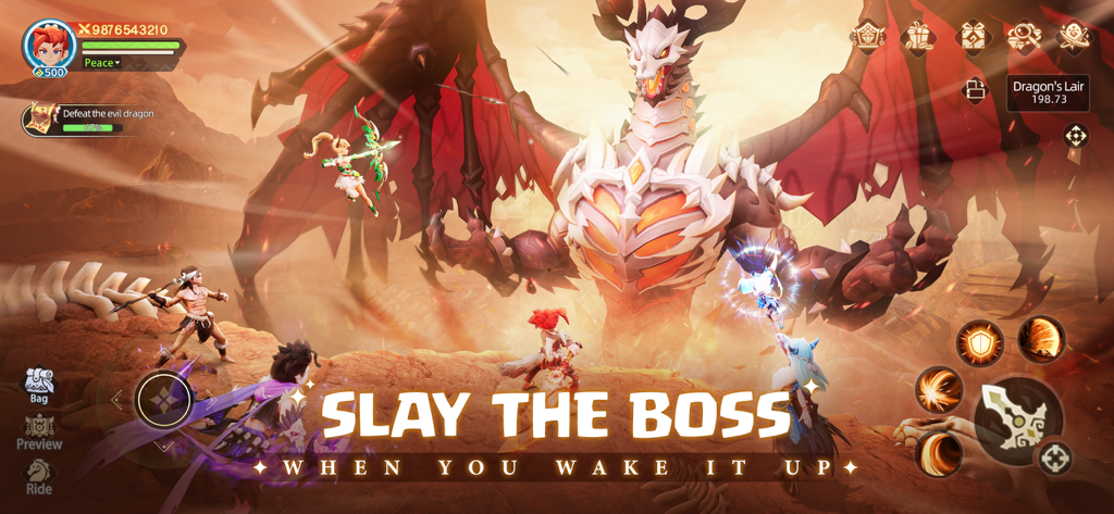 Huntopia：Fantasy RPG - A group of tribal heroes battling a giant skeletal dragon boss in a canyon setting in Huntopia Fantasy RPG.