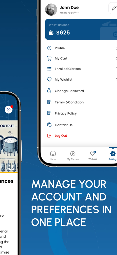 User account settings in the Bright education app showing wallet balance and menu options