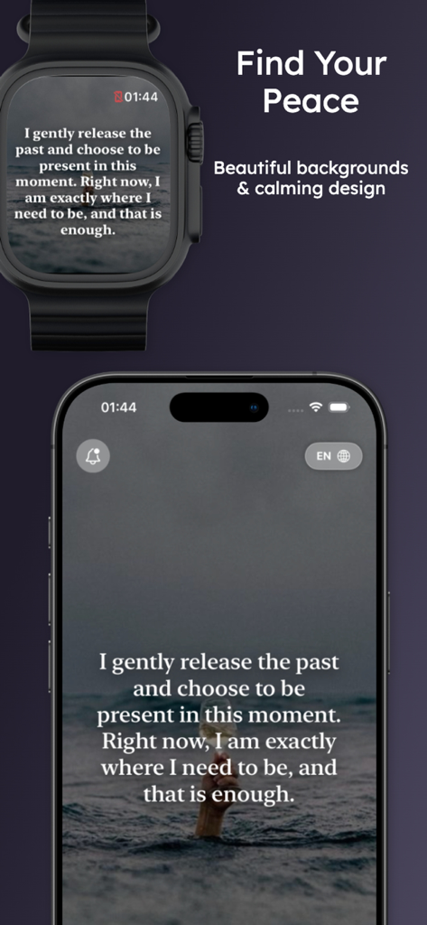 Daily Whisper: Affirmations - Daily Whisper app showing a calming affirmation on iPhone and Apple Watch screens