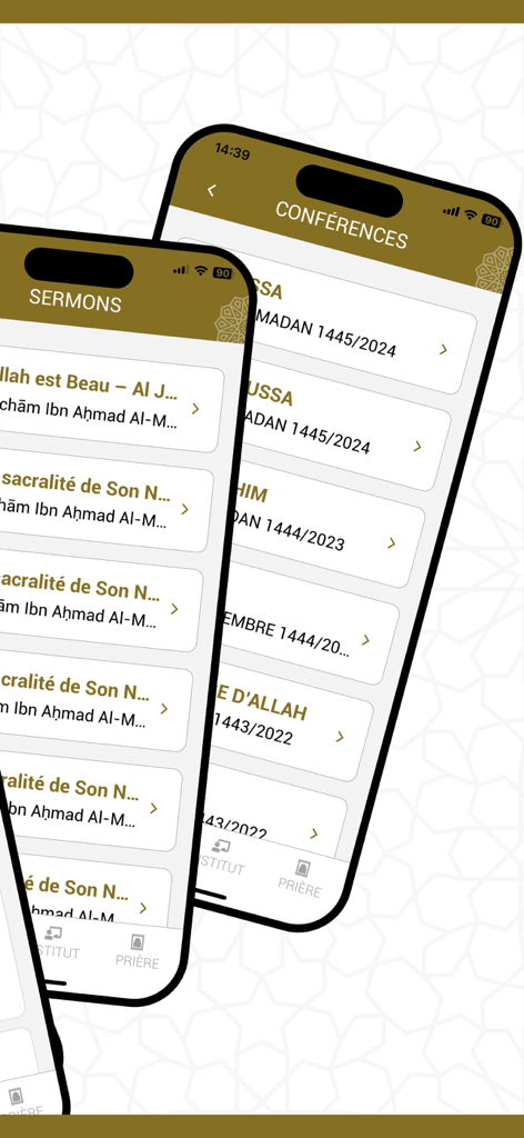 Al Rissalah app interface showing lists of Islamic sermons and conferences in French