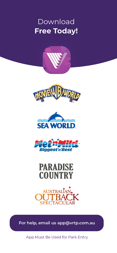 A screen from the Village Roadshow Theme Parks app showcasing logos for Movie World, Sea World, Wet n Wild, Paradise Country, and Australian Outback Spectacular.