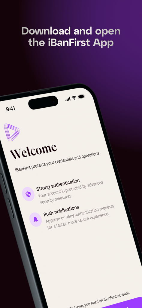 iBanFirst App-Willkommensbildschirm mit Sicherheits- und Push-Benachrichtigungsfunktionen