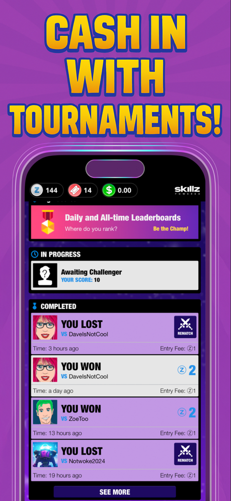 Blinko Cash - Real Money - Blinko Cash app screen showing completed 1v1 match results and tournament history