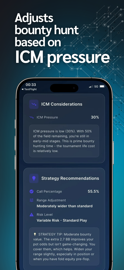 Interface d'une application mobile montrant des recommandations de stratégie de bounty de poker basées sur la pression ICM.