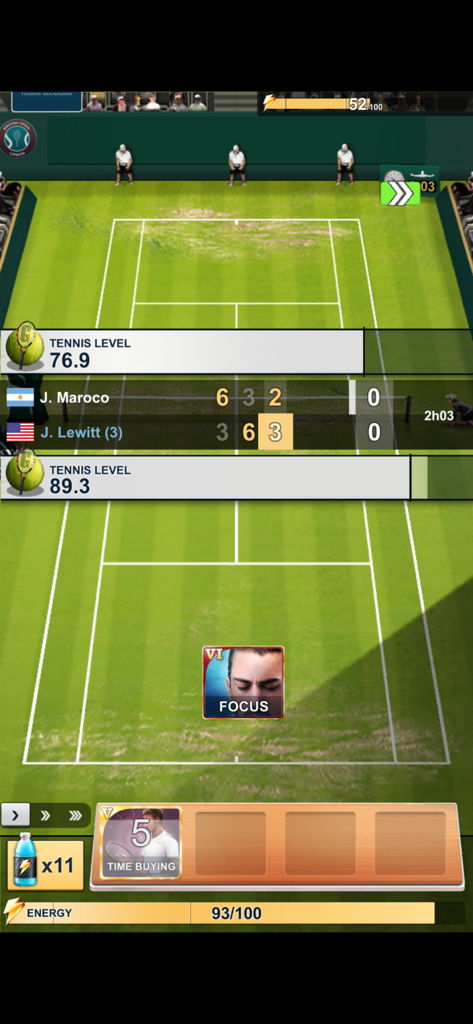 Tennis Manager 2025 - TOP SEED - Gameplay of Tennis Manager 2025 showing match scores and tactical cards on a grass court