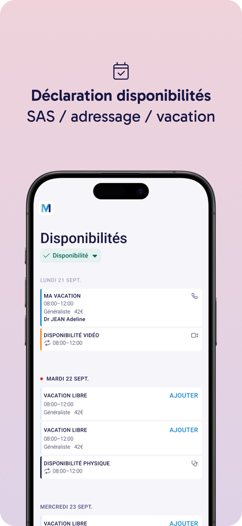 Schermata dello smartphone che visualizza la disponibilità dei professionisti medici e gli slot di consultazione nell'app Medaviz