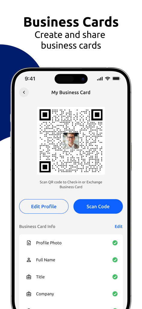 My Glue from Glue Up - Digital business card interface in the My Glue app featuring a QR code for networking and profile information