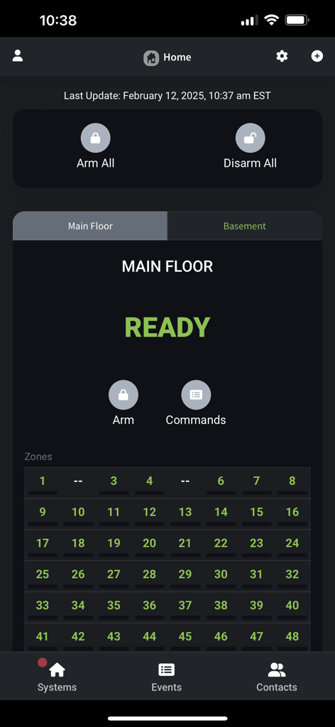 EyezOn Mobile - EyezOn Mobile app interface showing home security system status and controls