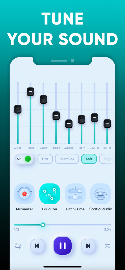 Equalizer - Volume Booster EQ - Interfaccia dell'app Equalizzatore che mostra cursori di frequenza e pulsanti degli effetti audio