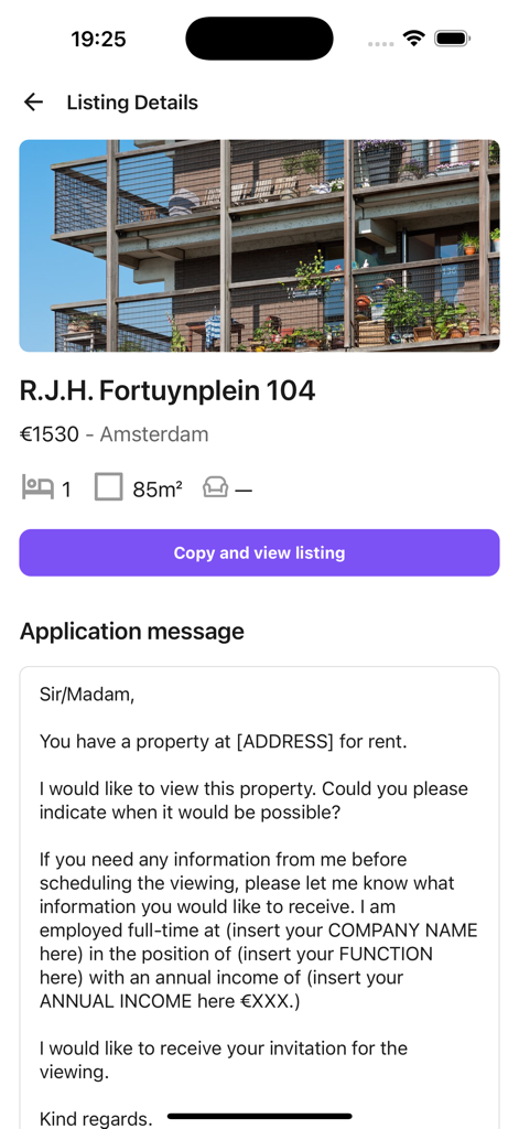 RentSlam - Mobile screen showing a rental property in Amsterdam with a pre-written application message template