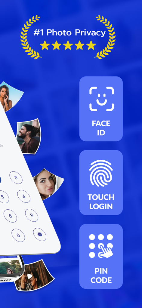 Photo Vault - SafeCalc - 写真保管庫アプリを保護するためのFace ID、タッチログイン、PINコードのオプションを表示する画面