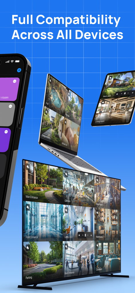 UniCam security camera app feeds shown on iPhone iPad laptop and smart TV