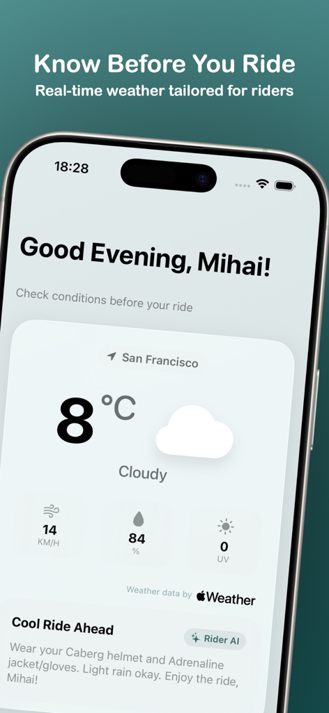 Rider Weather - AI Companion - Rider Weather app showing local forecast and AI motorcycle gear recommendations