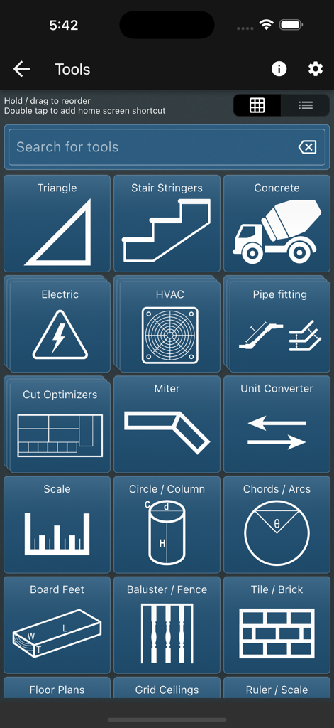 Feet and Inches Calculator - Grid layout showing various construction tools including stair stringers miter and concrete calculators