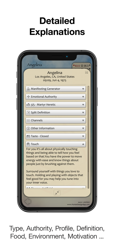 Human Design App - Uno schermo mobile che mostra informazioni dettagliate sul profilo Human Design, inclusi Tipo e Autorità.