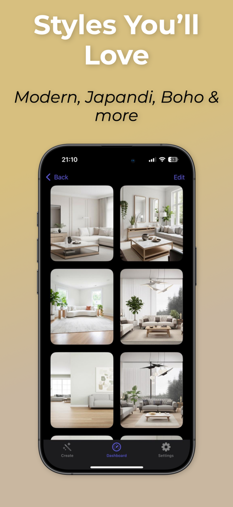Remodel AI: Room Planner - Captura de tela do aplicativo Remodel AI exibindo uma galeria de estilos de design de interiores como Modern Japandi e Boho.