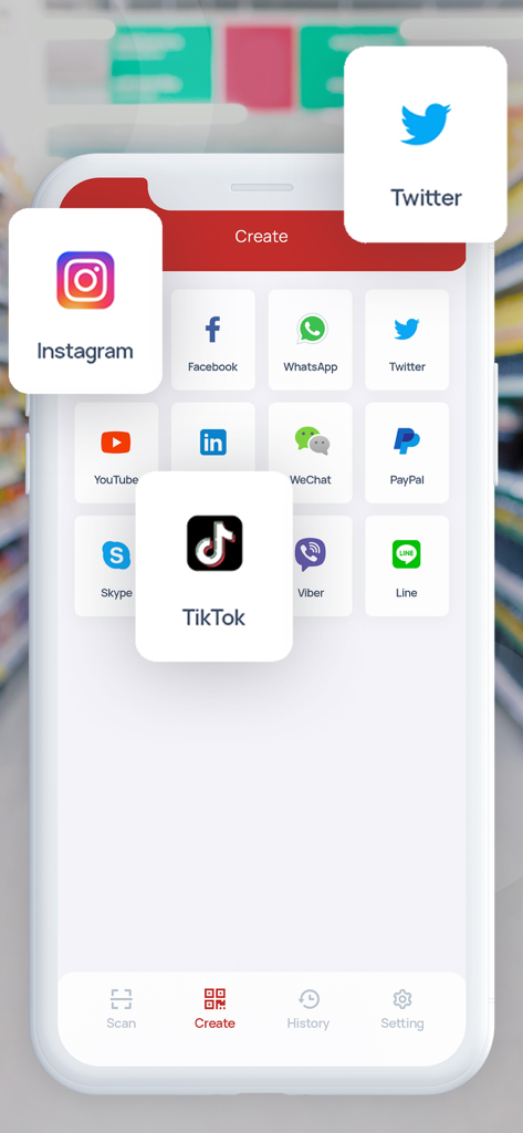 Interface do aplicativo QR Code Photo Scanner mostrando vários ícones de plataformas de mídia social para criação de QR code, incluindo Instagram e TikTok
