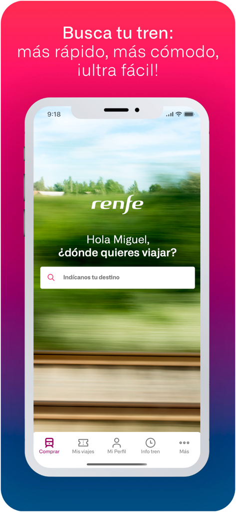 La pantalla de inicio de la aplicación móvil Renfe, que muestra una barra de búsqueda para viajes en tren e iconos de navegación.
