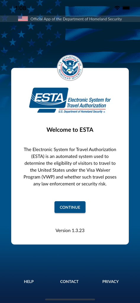 Welcome screen of the official ESTA Mobile app with the U.S. Department of Homeland Security seal