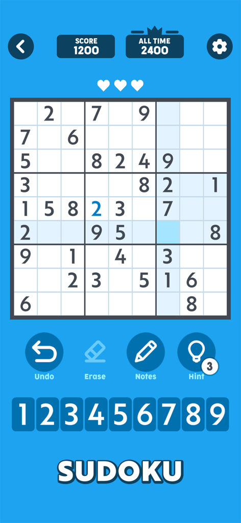 Sudoku gameplay screen from the Offline Games app featuring a blue interface and a number puzzle grid.