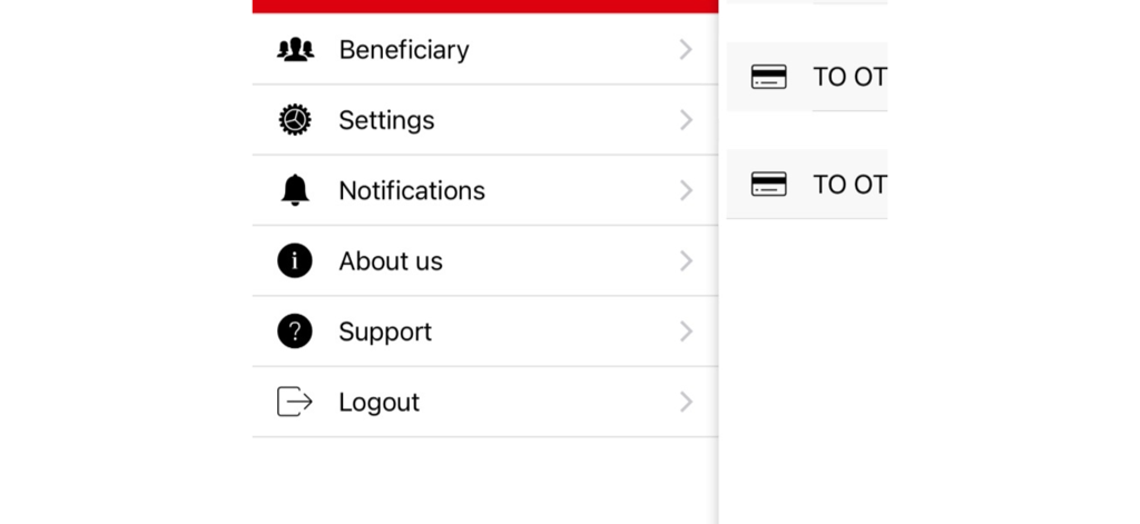Zenith SierraLeone - Side menu of Zenith SierraLeone app with options for beneficiary settings and support