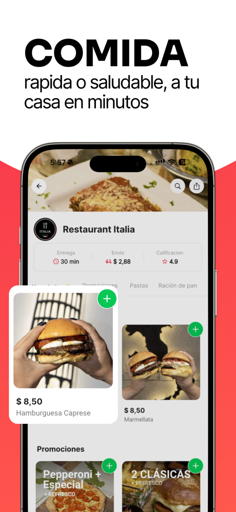 PatiYA - App Delivery - Interface of PatiYA app showing a restaurant menu with burgers and pizza delivery options in San Fernando.