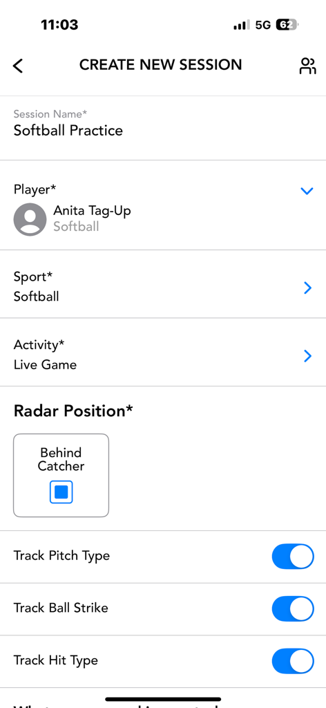 TAG Sports - TAG Sports app screen to set up a new softball practice session