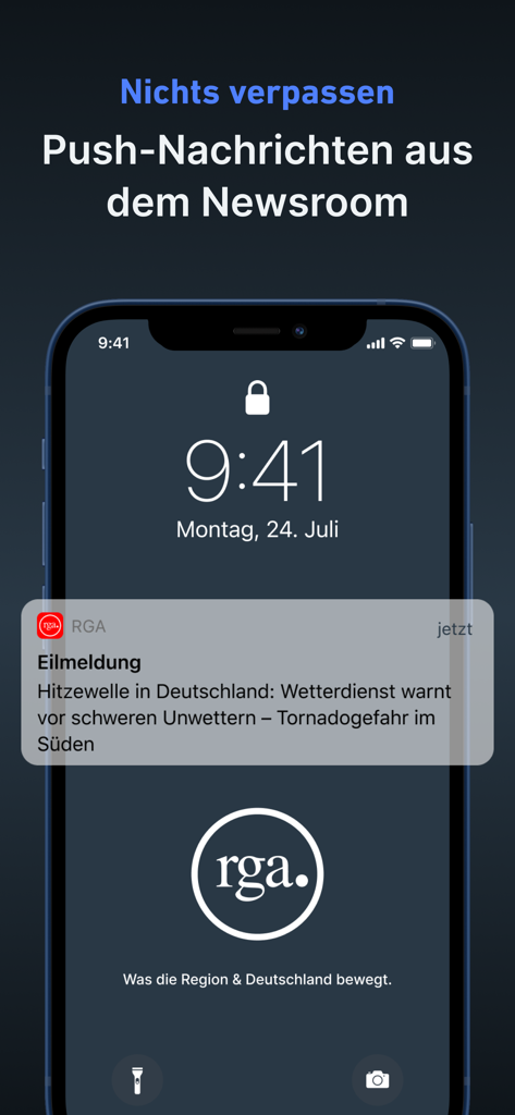RGA – Nachrichten und Podcast - An iPhone lock screen displaying a breaking news push notification from the RGA news app about a weather warning in Germany.