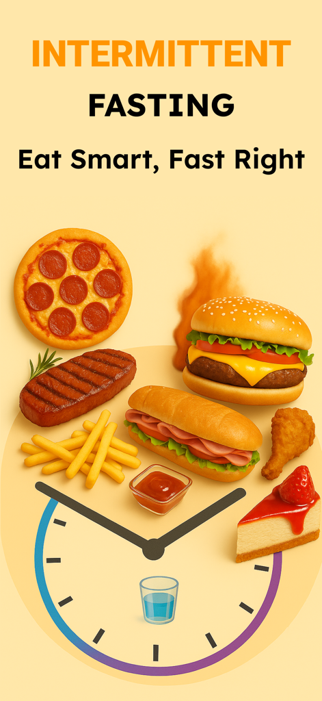 Intermittent Fasting Track App - Promotional graphic for an intermittent fasting app showing various food items around a clock face with the slogan Eat Smart Fast Right