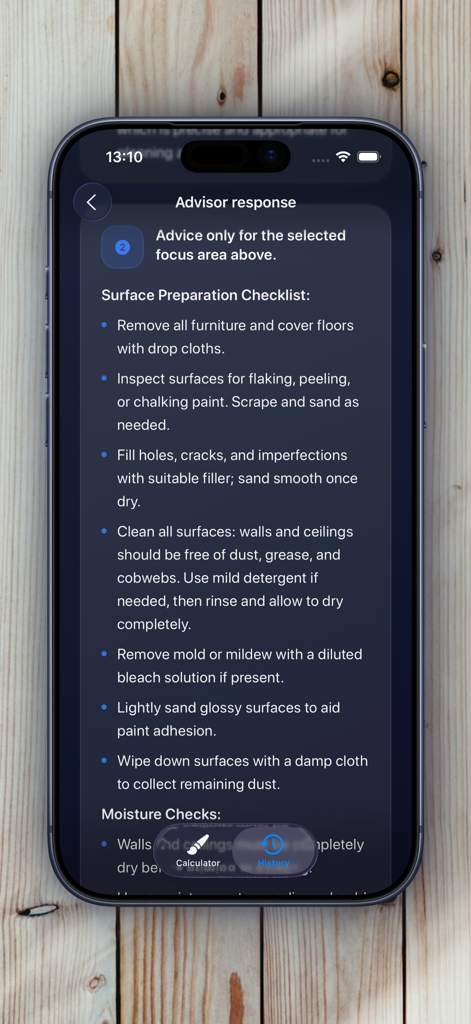 Paint Advisor: Calculator - Liste de contrôle de préparation de surface dans l'application Paint Advisor fournissant des conseils pour les projets de peinture de bricolage