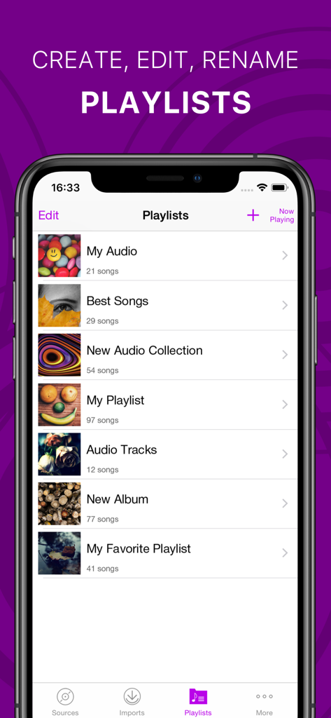 Offline Music Player & Cloud - Interface of an offline music player app showing a list of custom playlists with song counts and album art