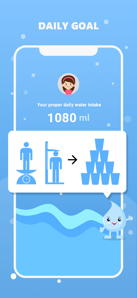 Drink water reminder - Drink Water Reminder App zeigt ein tägliches Trinkziel von 1080 ml an, berechnet basierend auf Größe und Gewicht