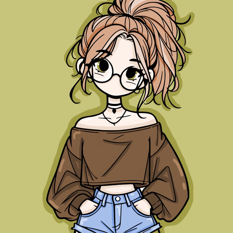 girl with a messy ponytail glasses a baggy crop top and jean shorts