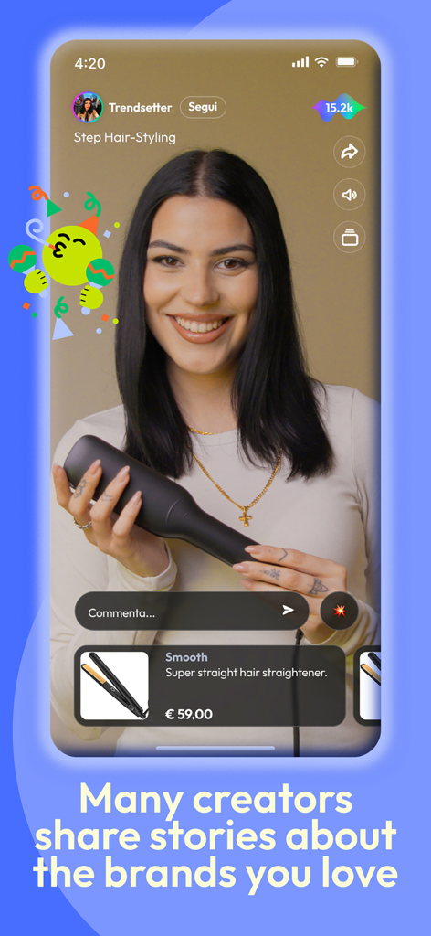 Bazr - Bazrライブショッピングアプリのインターフェースで、女性クリエイターがヘアスタイリング製品をデモンストレーションしている様子