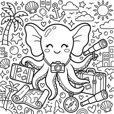 Get ready for an adorable underwater adventure with our Dumbo Octopus vacation coloring page! This charming traveler is all set to explore, surrounded by delightful symbols of a perfect getaway.