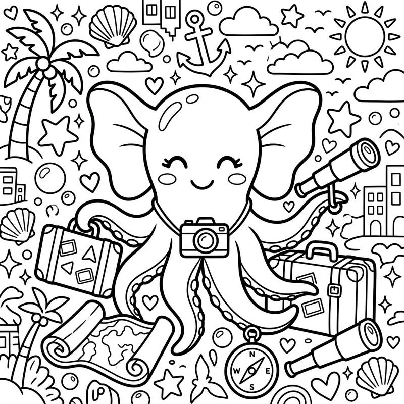 Get ready for an adorable underwater adventure with our Dumbo Octopus vacation coloring page! This charming traveler is all set to explore, surrounded by delightful symbols of a perfect getaway.