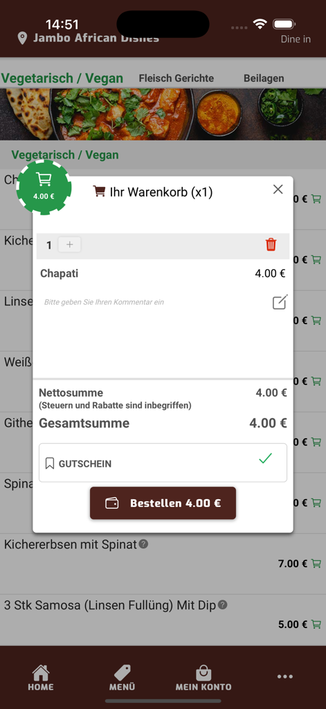 Jambo African Dishes - Shopping cart popup in the Jambo African Dishes app showing a Chapati order for four euros.