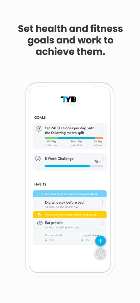 TYB by Yasir Khan - TYB app interface for setting health goals and tracking daily habits