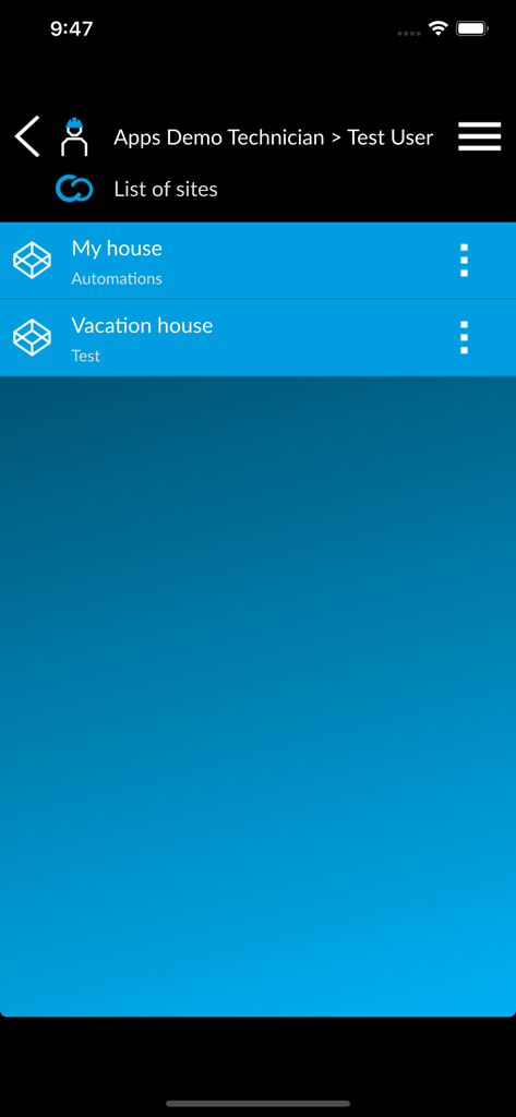 CONNECT SetUp - Panel del técnico en la aplicación CONNECT SetUp que muestra una lista de sitios de automatización gestionados
