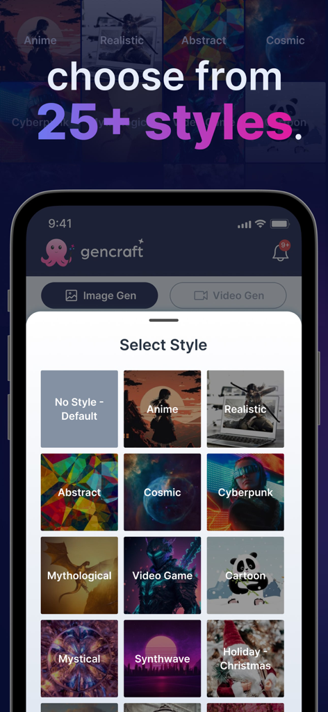 Gencraft app interface showing various AI art styles like anime realistic and cyberpunk