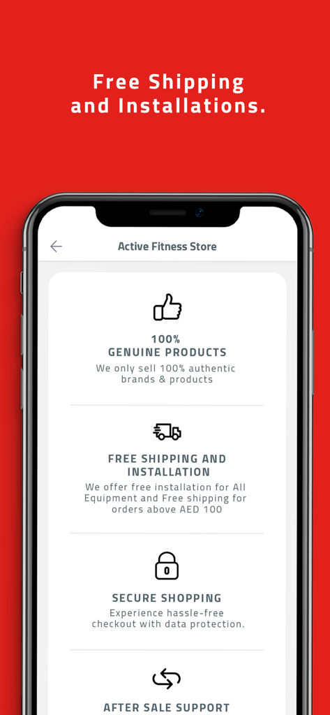Active Fitness Store - A screenshot of the Active Fitness Store app highlighting free shipping, installation services, and genuine product guarantees on a red background.
